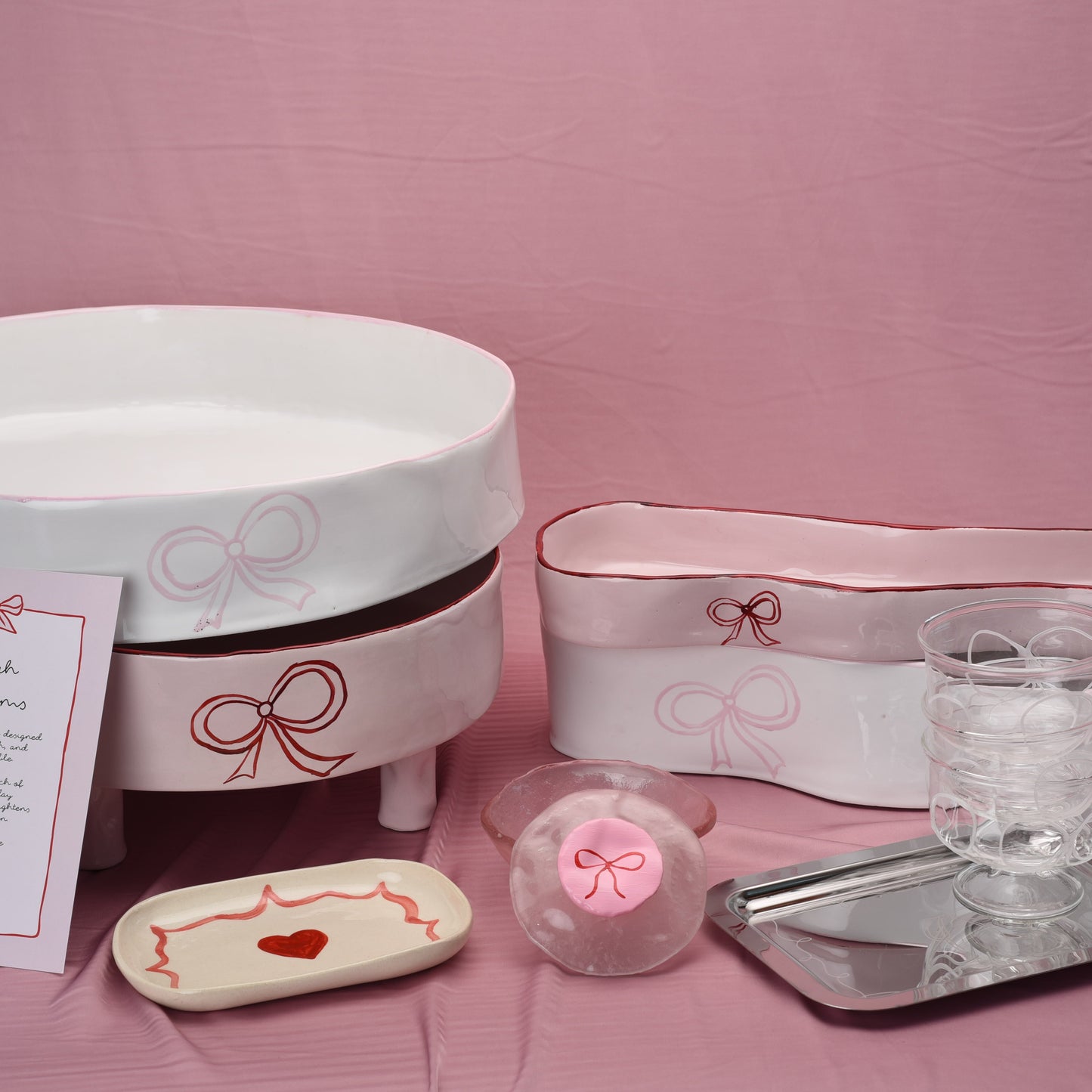 Ceramic Oval Thin Bowl with Bow- Pink and Red
